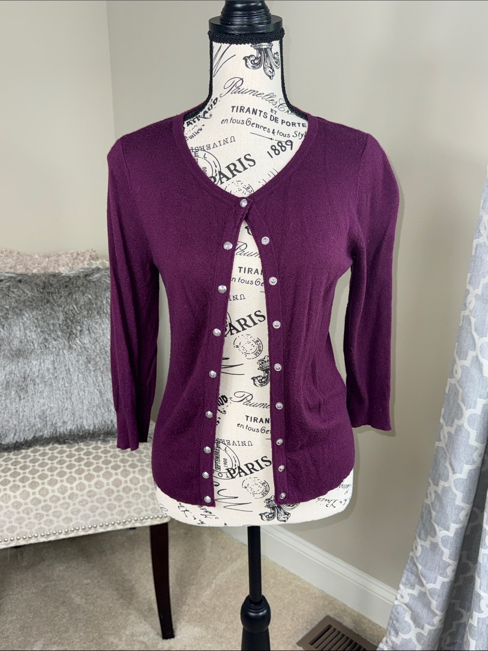 White House Black Market Women's Plum Snap Button-Front Cardigan Sweater